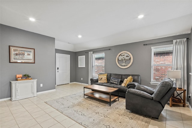 2300 Torch Lake Dr, Forney, TX 75126 - living room with light tile patterned floors, recessed lighting, and lofted ceiling