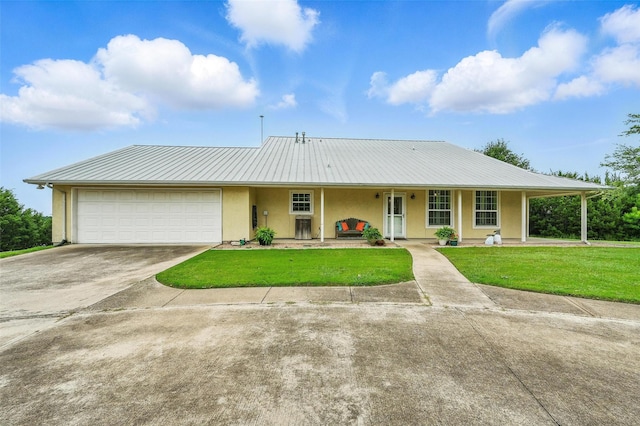 2116 Darby Dan Ct, Granbury, TX 76049 - view of front of house featuring stucco siding, driveway, an attached garage, a front lawn, and covered porch