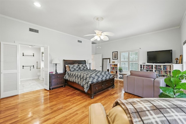 2116 Darby Dan Ct, Granbury, TX 76049 - bedroom with crown molding, light wood-style floors, ensuite bath, and ceiling fan