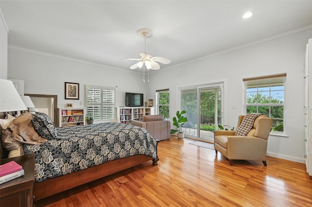2116 Darby Dan Ct, Granbury, TX 76049 - bedroom featuring access to outside, light wood-style flooring, multiple windows, crown molding, and recessed lighting