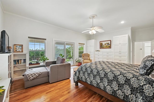 2116 Darby Dan Ct, Granbury, TX 76049 - bedroom featuring crown molding, light wood finished floors, a closet, recessed lighting, and a ceiling fan