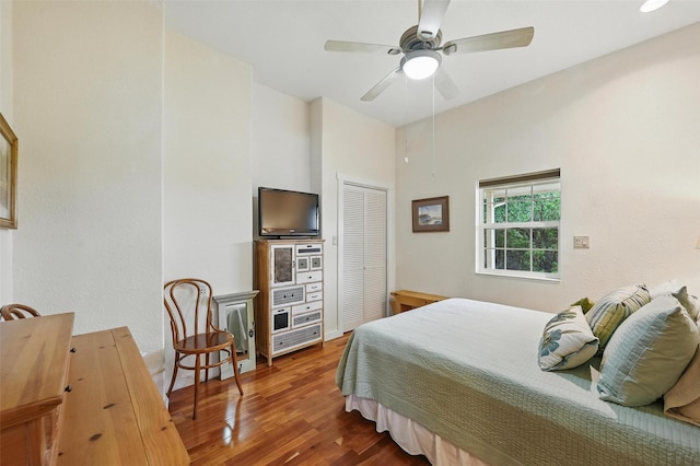 2116 Darby Dan Ct, Granbury, TX 76049 - bedroom with wood finished floors, a closet, and a ceiling fan