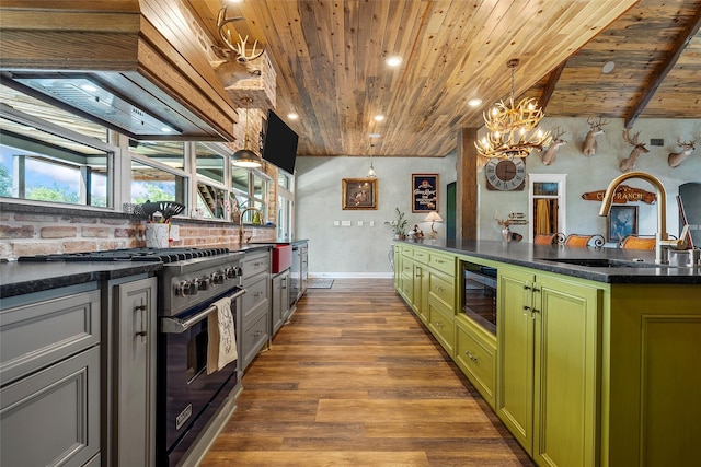 8029 N River Xing, China Spring, TX 76633 - kitchen with green cabinetry, gas range, wood ceiling, dark countertops, and recessed lighting