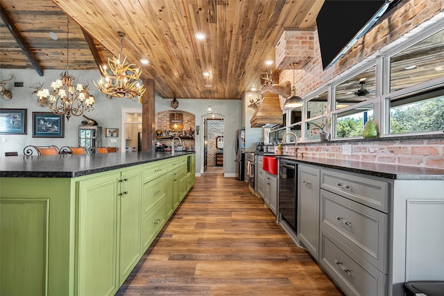 8029 N River Xing, China Spring, TX 76633 - kitchen featuring wooden ceiling, green cabinetry, beverage cooler, a chandelier, and wood finished floors