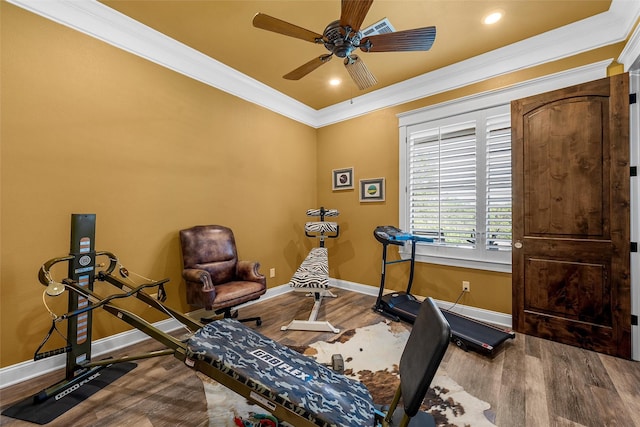8029 N River Xing, China Spring, TX 76633 - workout area with wood finished floors, ornamental molding, ceiling fan, and recessed lighting