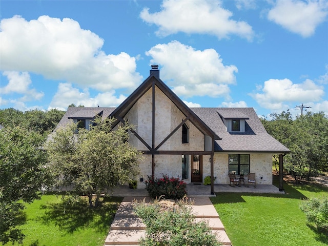 8029 N River Xing, China Spring, TX 76633 - view of front of house with a front yard, stone siding, roof with shingles, and stucco siding