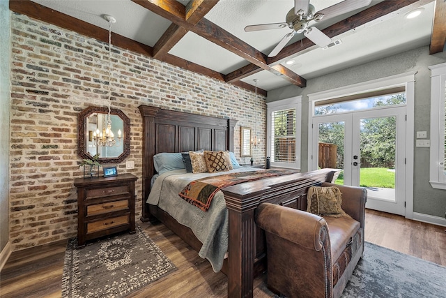 8029 N River Xing, China Spring, TX 76633 - bedroom featuring access to outside, french doors, beamed ceiling, coffered ceiling, and wood finished floors