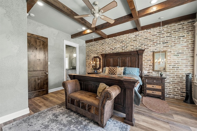 8029 N River Xing, China Spring, TX 76633 - bedroom featuring beamed ceiling, light wood-style floors, coffered ceiling, a textured wall, and recessed lighting