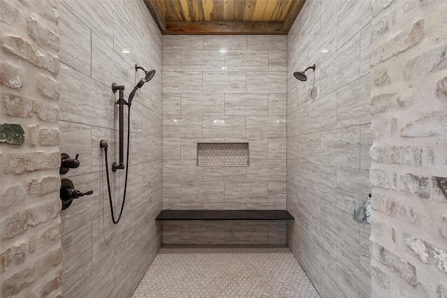 8029 N River Xing, China Spring, TX 76633 - full bathroom featuring wood ceiling, tiled shower, and tile patterned floors