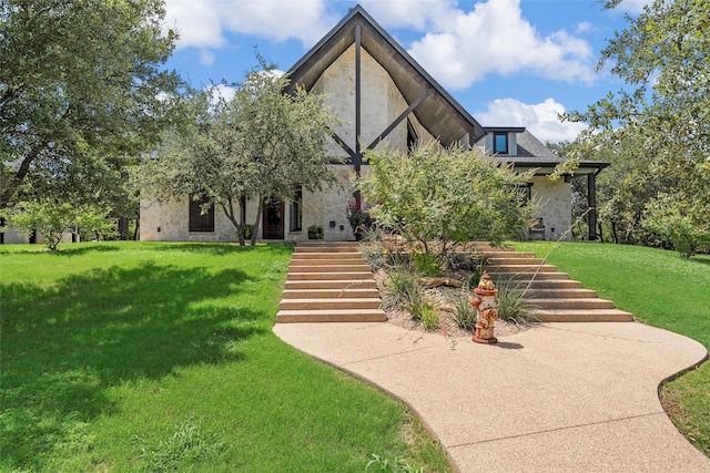 8029 N River Xing, China Spring, TX 76633 - view of front of house with a front yard, stone siding, and stairs