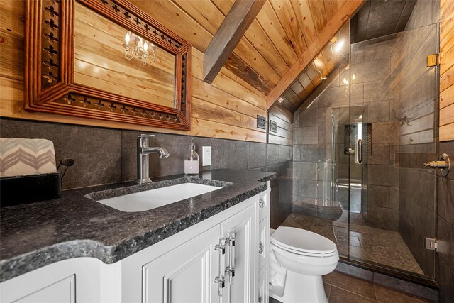 8029 N River Xing, China Spring, TX 76633 - full bath with wooden ceiling, vanity, a stall shower, tile patterned flooring, and tile walls