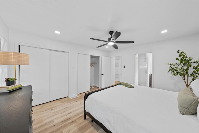 1813 Madera Dr, Waco, TX 76705 - bedroom featuring two closets, light wood-style floors, recessed lighting, a ceiling fan, and ensuite bathroom