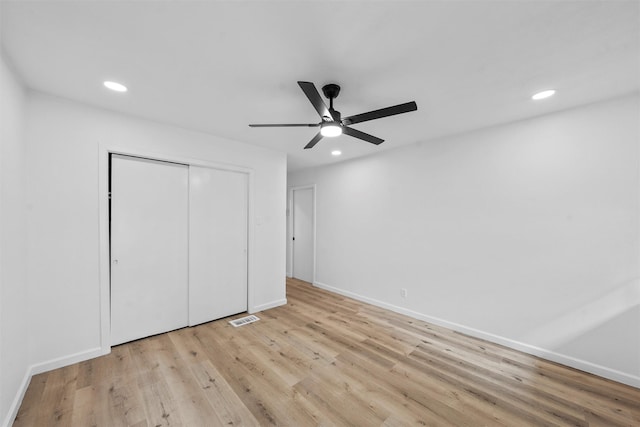 1813 Madera Dr, Waco, TX 76705 - unfurnished bedroom with recessed lighting, light wood finished floors, a closet, and a ceiling fan