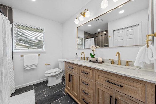 1813 Madera Dr, Waco, TX 76705 - bathroom featuring double vanity, a shower with curtain, recessed lighting, and tile patterned floors
