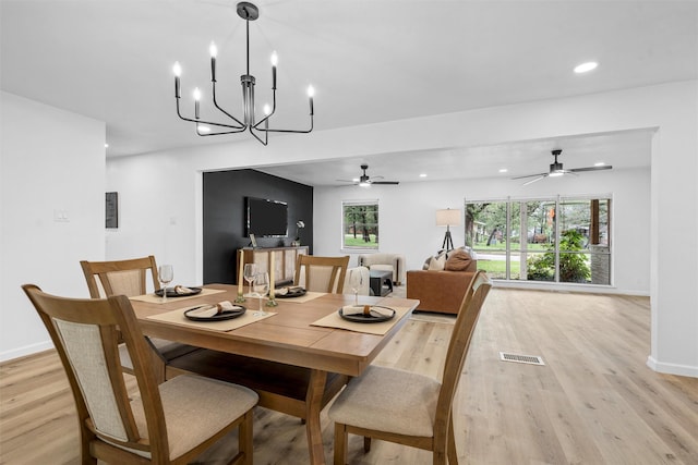 1813 Madera Dr, Waco, TX 76705 - dining room featuring light wood-style floors, recessed lighting, plenty of natural light, a chandelier, and ceiling fan