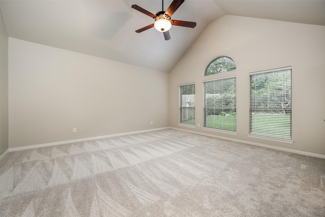 1909 Rocky Ct, Corinth, TX 76208 - unfurnished room with high vaulted ceiling, a ceiling fan, and carpet flooring