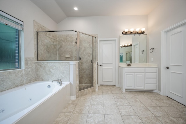 1909 Rocky Ct, Corinth, TX 76208 - bathroom with a whirlpool tub, vanity, a shower stall, tile patterned floors, and lofted ceiling