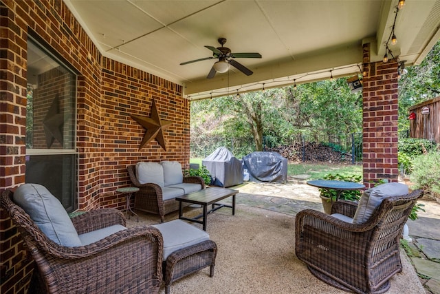 1909 Rocky Ct, Corinth, TX 76208 - view of patio featuring ceiling fan, an outdoor living space, and a grill