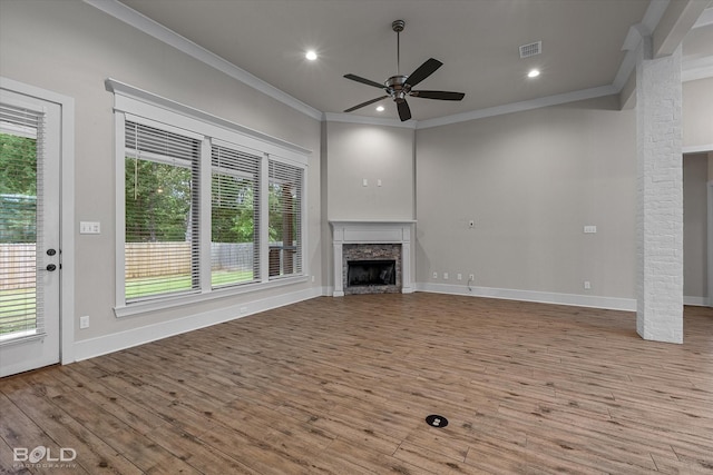 140 St Andrews Ln, Benton, LA 71006 - unfurnished living room with crown molding, a fireplace, a ceiling fan, wood finished floors, and recessed lighting
