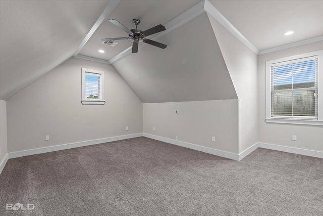 140 St Andrews Ln, Benton, LA 71006 - additional living space with carpet flooring, a ceiling fan, vaulted ceiling, and recessed lighting