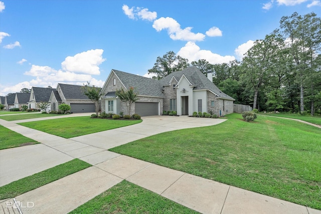 140 St Andrews Ln, Benton, LA 71006 - french country home with a garage, a front yard, concrete driveway, and stone siding