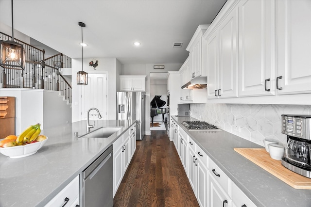 3005 Landmark Pl, Heath, TX 75126 - kitchen with appliances with stainless steel finishes, under cabinet range hood, white cabinets, dark wood finished floors, and decorative backsplash