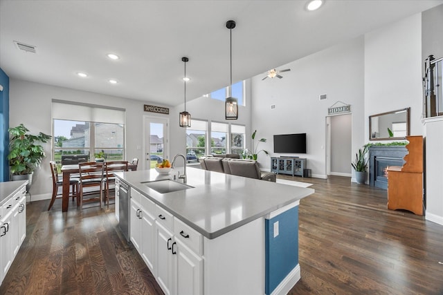3005 Landmark Pl, Heath, TX 75126 - kitchen featuring recessed lighting, stainless steel dishwasher, white cabinetry, a ceiling fan, and dark wood finished floors