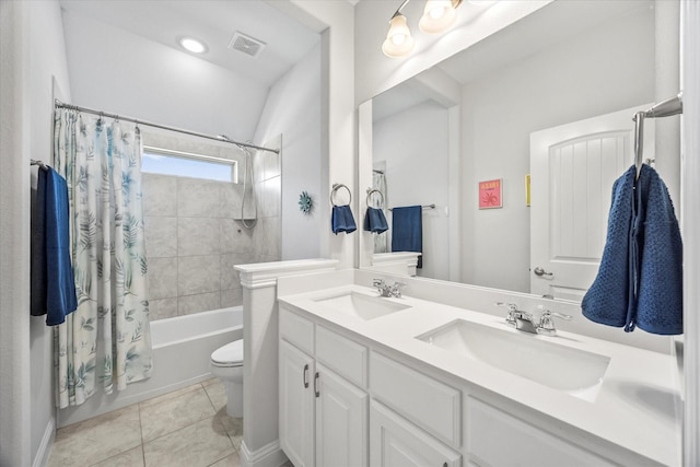 3005 Landmark Pl, Heath, TX 75126 - bathroom with shower / bath combination with curtain, double vanity, and tile patterned flooring