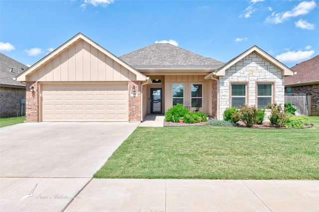7362 Connor Rd, Abilene, TX 79602 - ranch-style house featuring a front yard, an attached garage, concrete driveway, board and batten siding, and stone siding