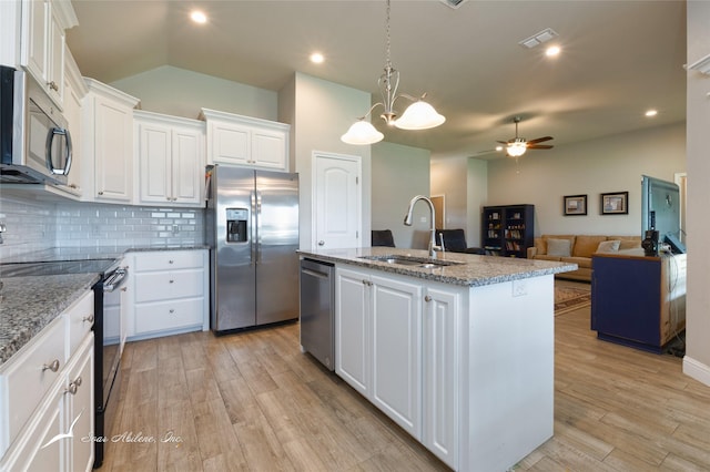 7362 Connor Rd, Abilene, TX 79602 - kitchen with stainless steel appliances, a ceiling fan, white cabinetry, tasteful backsplash, and vaulted ceiling