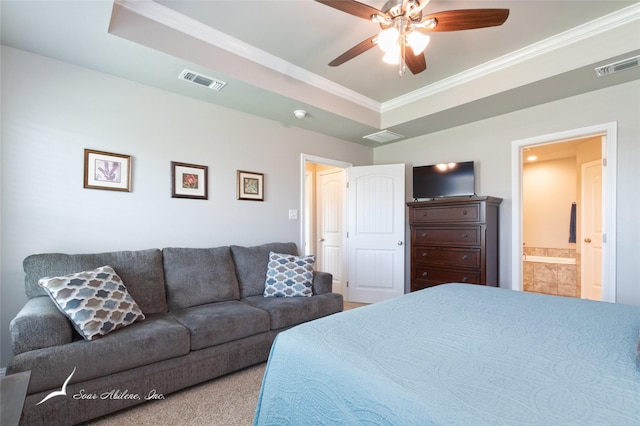 7362 Connor Rd, Abilene, TX 79602 - bedroom with crown molding, a tray ceiling, ceiling fan, and ensuite bathroom