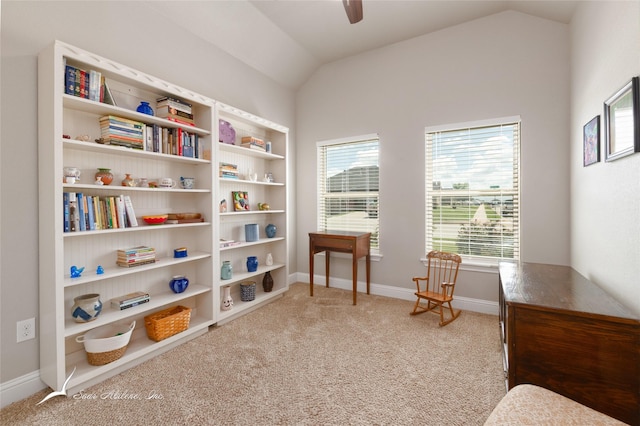 7362 Connor Rd, Abilene, TX 79602 - living area featuring carpet floors, a ceiling fan, and vaulted ceiling