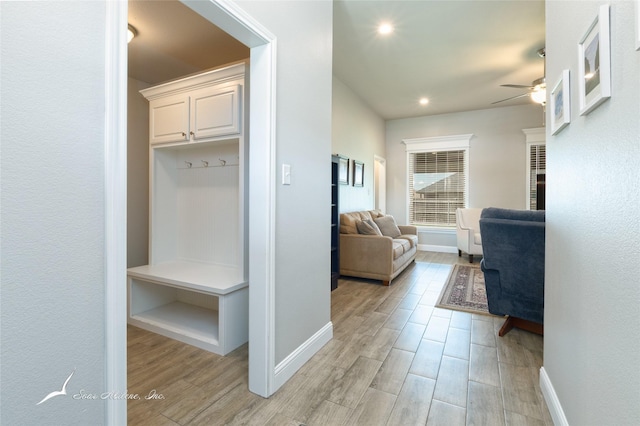 7362 Connor Rd, Abilene, TX 79602 - mudroom with a ceiling fan, light wood-style floors, and recessed lighting