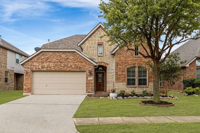 10305 Matador Dr, Mckinney, TX 75072 - french country inspired facade featuring stone siding, a garage, driveway, a front yard, and brick siding