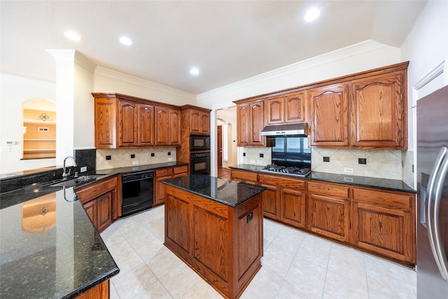 220 Justin Rd, Murphy, TX 75094 - kitchen featuring black appliances, under cabinet range hood, a center island, crown molding, and dark stone countertops