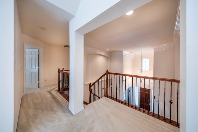 220 Justin Rd, Murphy, TX 75094 - hall with an upstairs landing, carpet flooring, crown molding, and recessed lighting