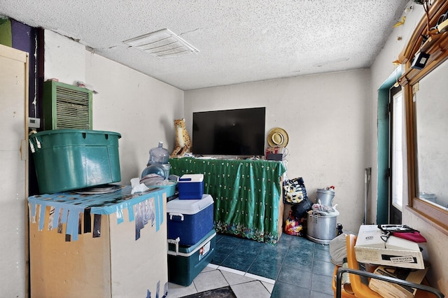 3832 Mount Ranier St, Dallas, TX 75211 - living room featuring a textured ceiling and tile patterned flooring