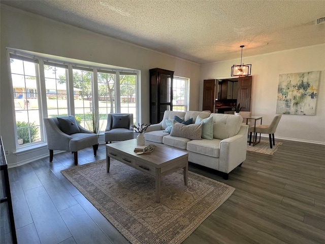 1610 Newsom Ct, Pantego, TX 76013 - living room featuring a textured ceiling, healthy amount of natural light, and dark wood finished floors