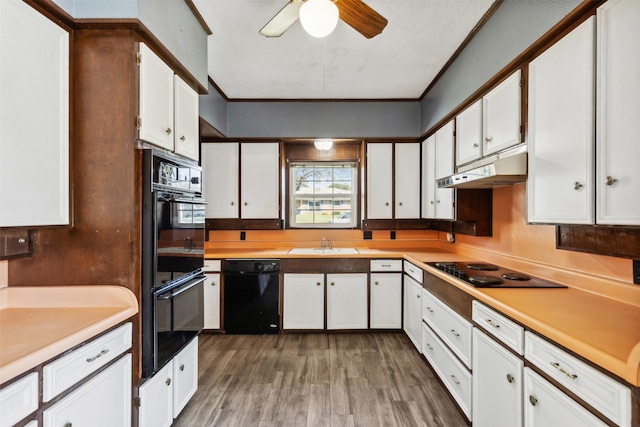 1610 Newsom Ct, Pantego, TX 76013 - kitchen featuring black appliances, under cabinet range hood, white cabinetry, wood finished floors, and healthy amount of natural light