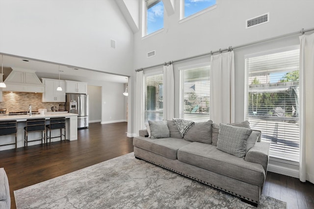 1617 Commons Way, Prosper, TX 75078 - living area featuring dark wood-type flooring and a high ceiling