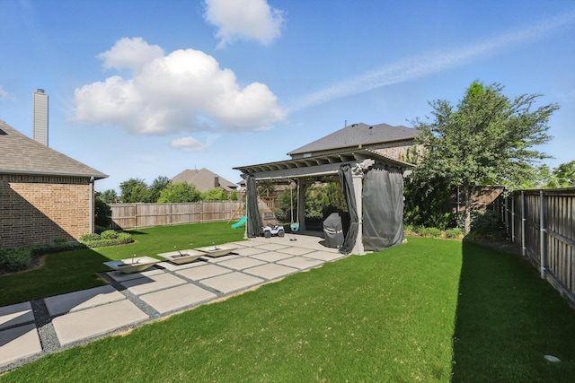 1617 Commons Way, Prosper, TX 75078 - fenced backyard featuring a patio area, a playground, and a pergola