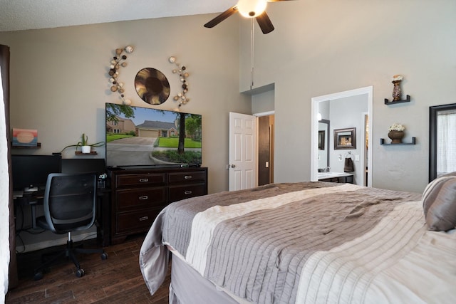4443 Mercer St, Grand Prairie, TX 75052 - bedroom with dark wood-type flooring, high vaulted ceiling, and connected bathroom