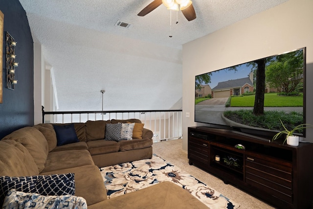 4443 Mercer St, Grand Prairie, TX 75052 - carpeted living area featuring ceiling fan and a textured ceiling