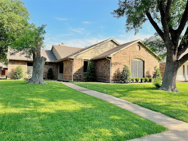6828 Younger Dr, The Colony, TX 75056 - ranch-style house featuring brick siding, a front yard, and roof with shingles