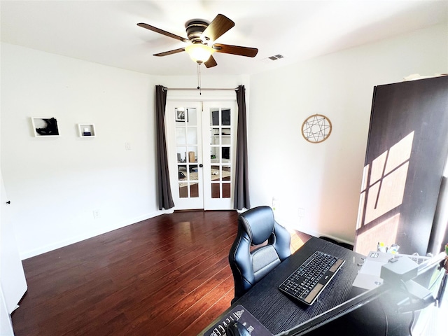 6828 Younger Dr, The Colony, TX 75056 - office space featuring a ceiling fan, hardwood / wood-style floors, and french doors