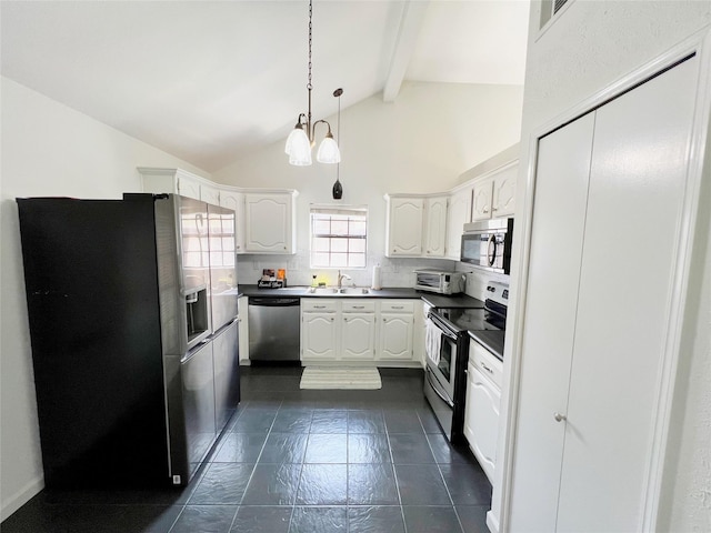 6828 Younger Dr, The Colony, TX 75056 - kitchen with stainless steel appliances, beamed ceiling, white cabinetry, dark countertops, and decorative backsplash