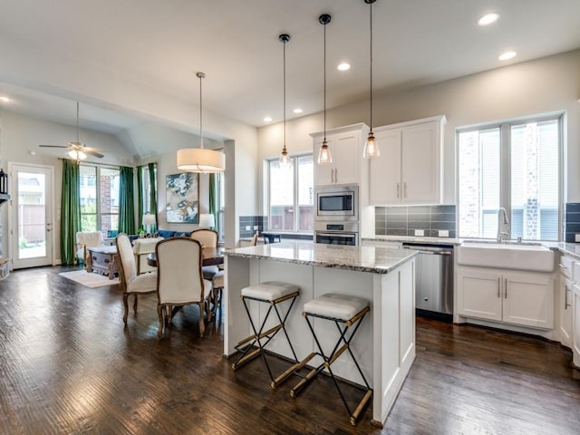 4141 Maclin Dr, Celina, TX 75009 - kitchen with stainless steel appliances, a center island, white cabinetry, recessed lighting, and dark wood-style floors