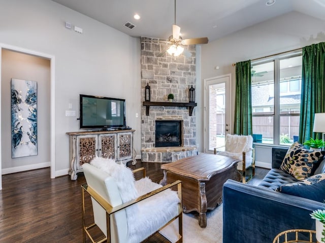 4141 Maclin Dr, Celina, TX 75009 - living room featuring ceiling fan, a stone fireplace, wood finished floors, and recessed lighting