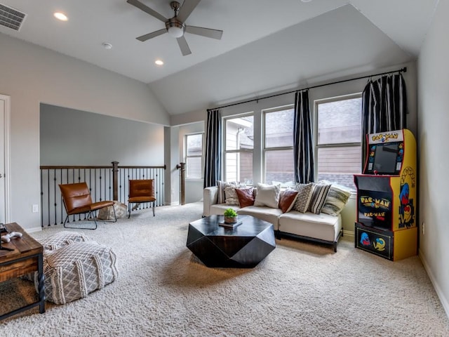 4141 Maclin Dr, Celina, TX 75009 - living area with a ceiling fan, carpet flooring, lofted ceiling, and recessed lighting