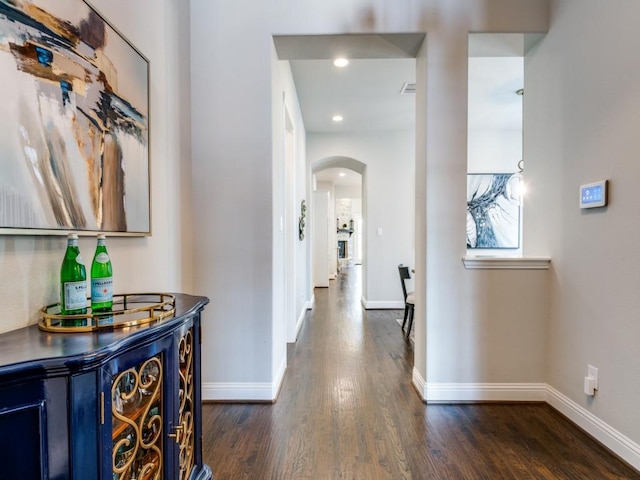 4141 Maclin Dr, Celina, TX 75009 - corridor featuring arched walkways, dark wood-type flooring, and recessed lighting